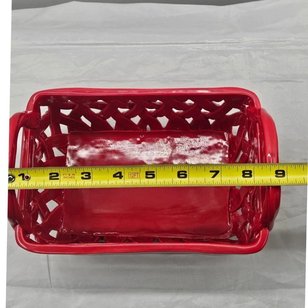 Grace's Pantry Red Ceramic Hand Woven Lattice Basket with Handles 9x6